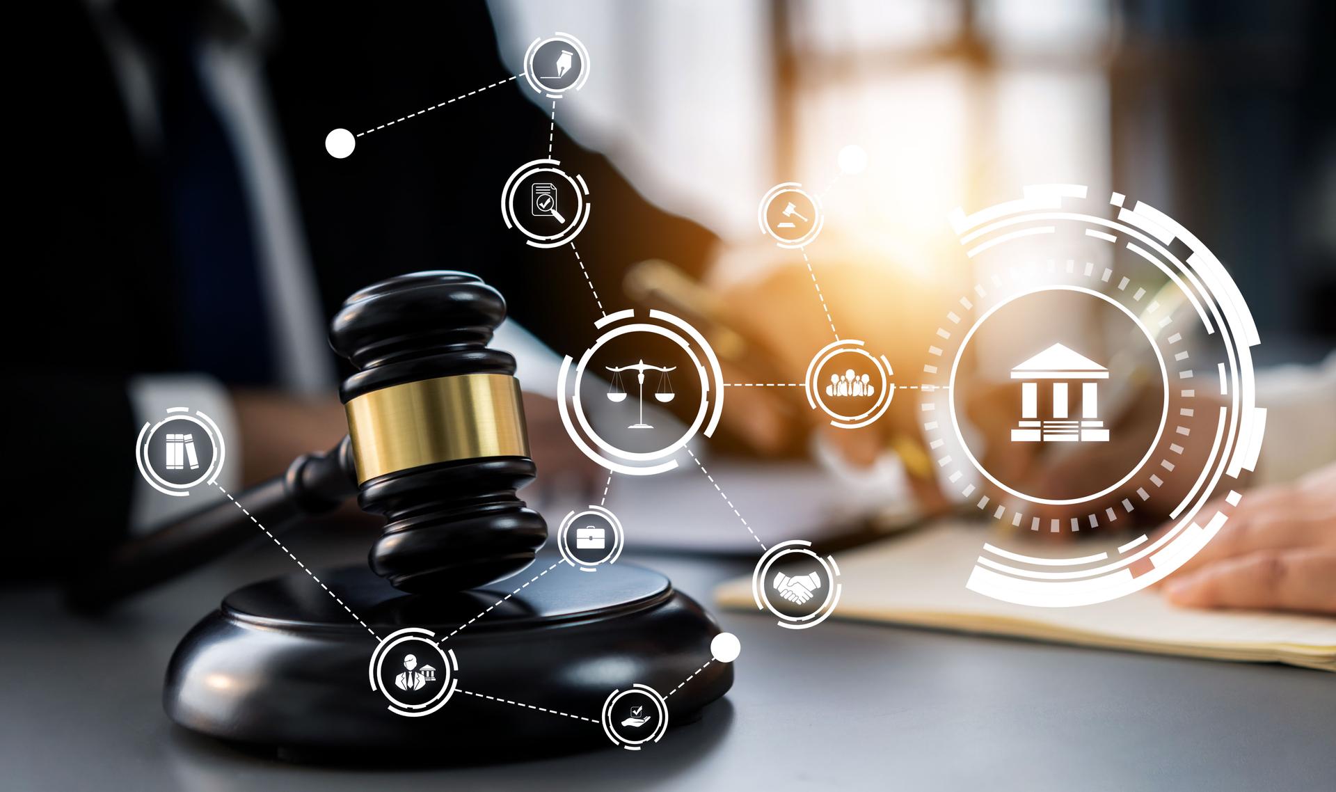 Smart law, legal advice icons and astute lawyer working tools in lawyers office